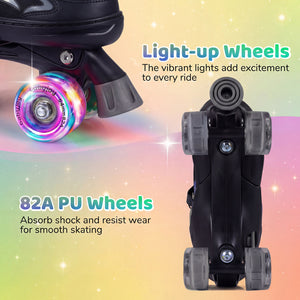 Kids Roller Skates for Girls Boys Teens 4 Sizes Adjustable Quad Skates with Light-up Wheels-Black
