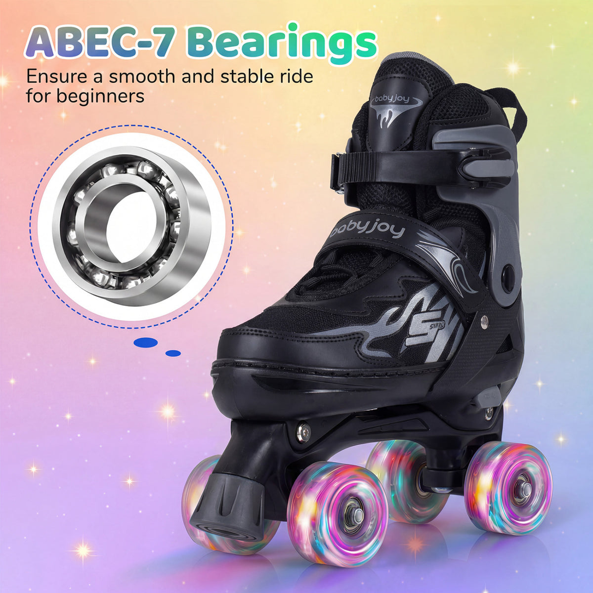 Kids Roller Skates for Girls Boys Teens 4 Sizes Adjustable Quad Skates with Light-up Wheels-Black