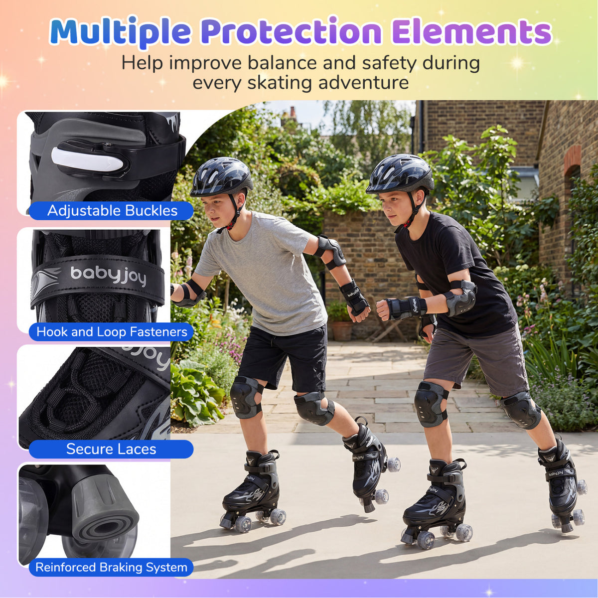 Kids Roller Skates for Girls Boys Teens 4 Sizes Adjustable Quad Skates with Light-up Wheels-Black