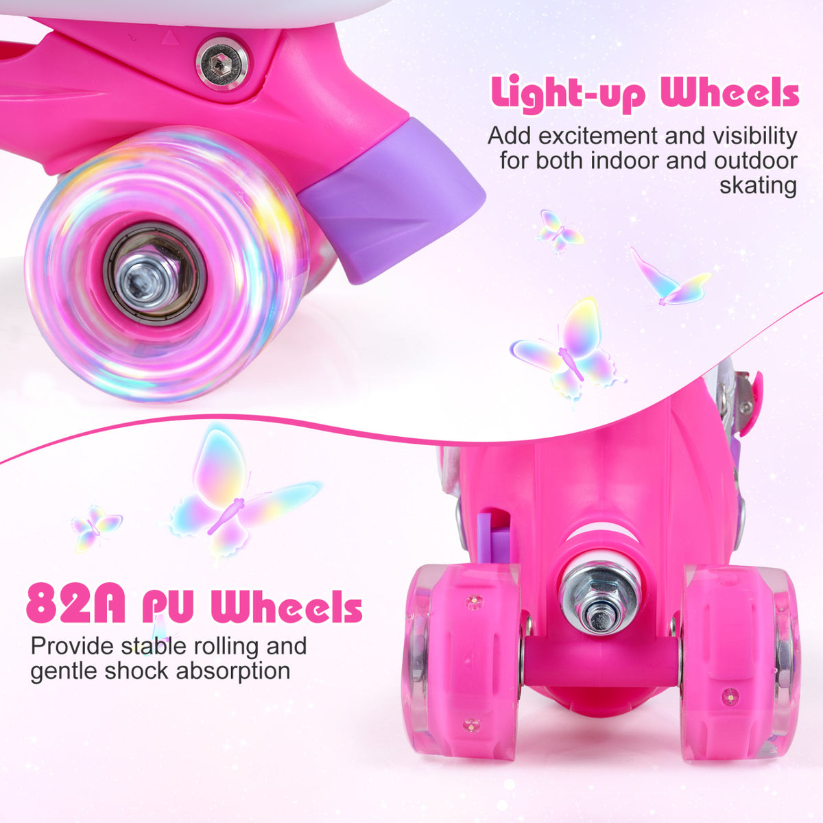 Kids Roller Skates for Toddlers Ages 7-9 with 4 Light up Wheels-Pink