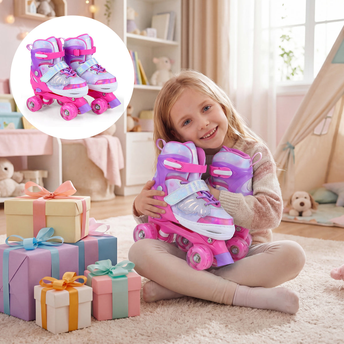 Kids Roller Skates for Toddlers Ages 7-9 with 4 Light up Wheels-Pink