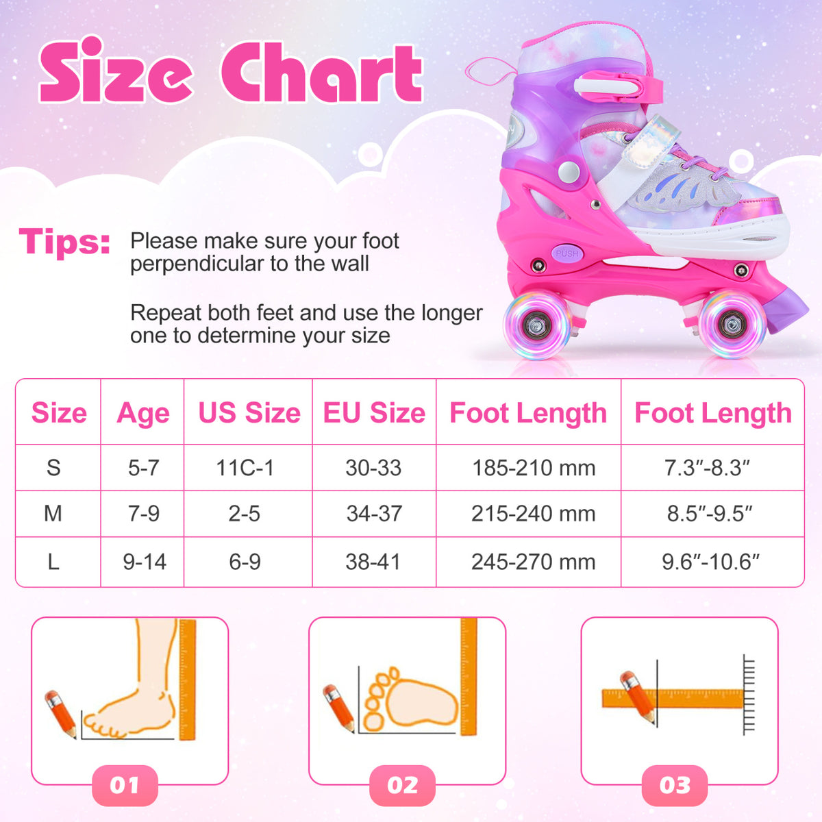 Kids Roller Skates for Toddlers Ages 5-7 with 4 Light-up Wheels-Pink