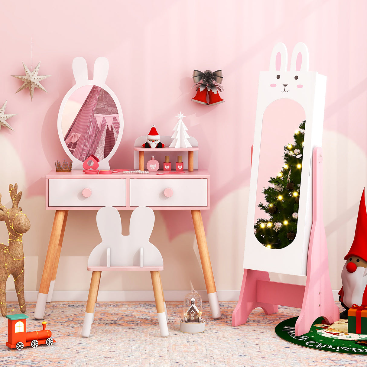 Kids Room Furniture Set with Princess Vanity Table and Chair-White