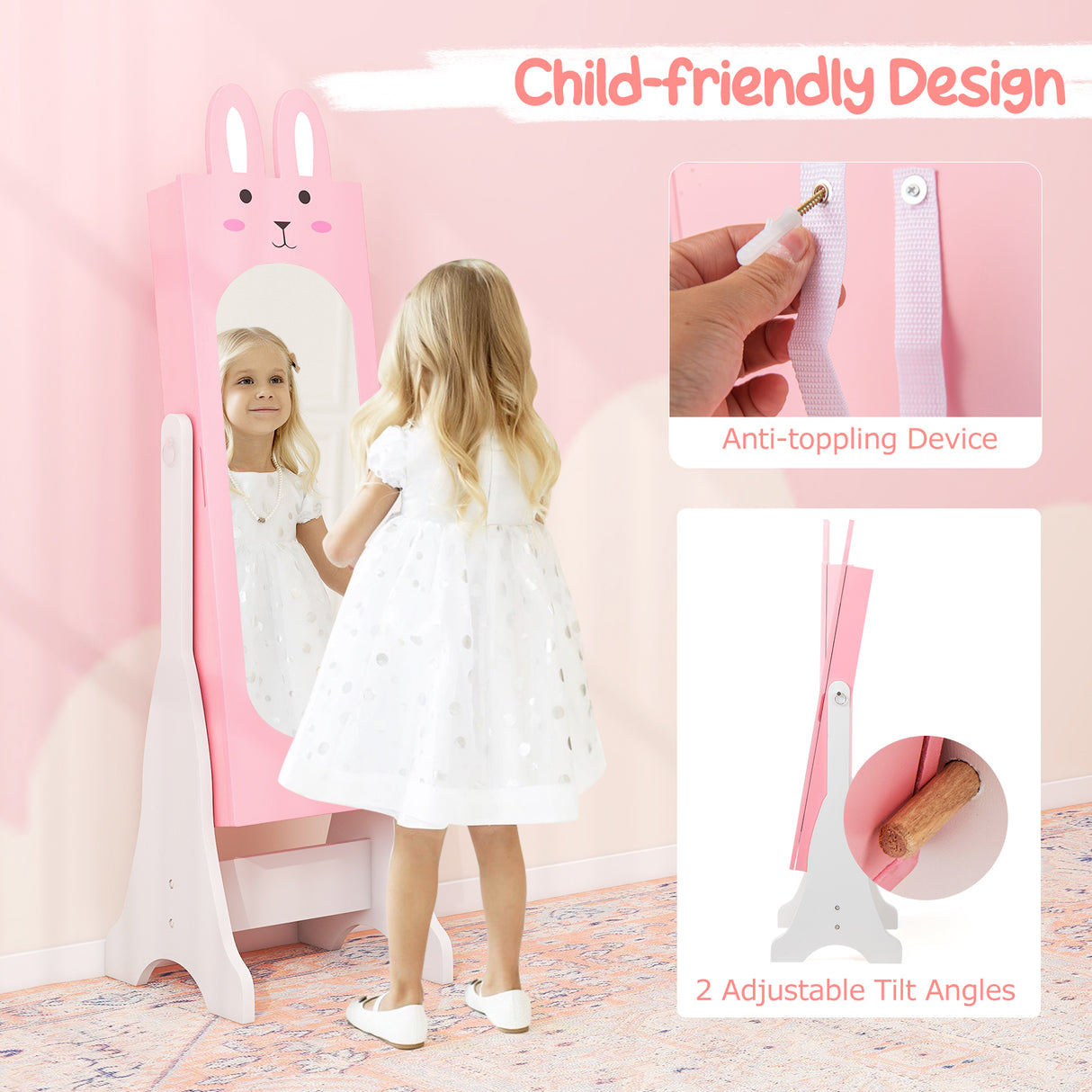 Kids Room Furniture Set with Princess Vanity Table and Chair-Pink