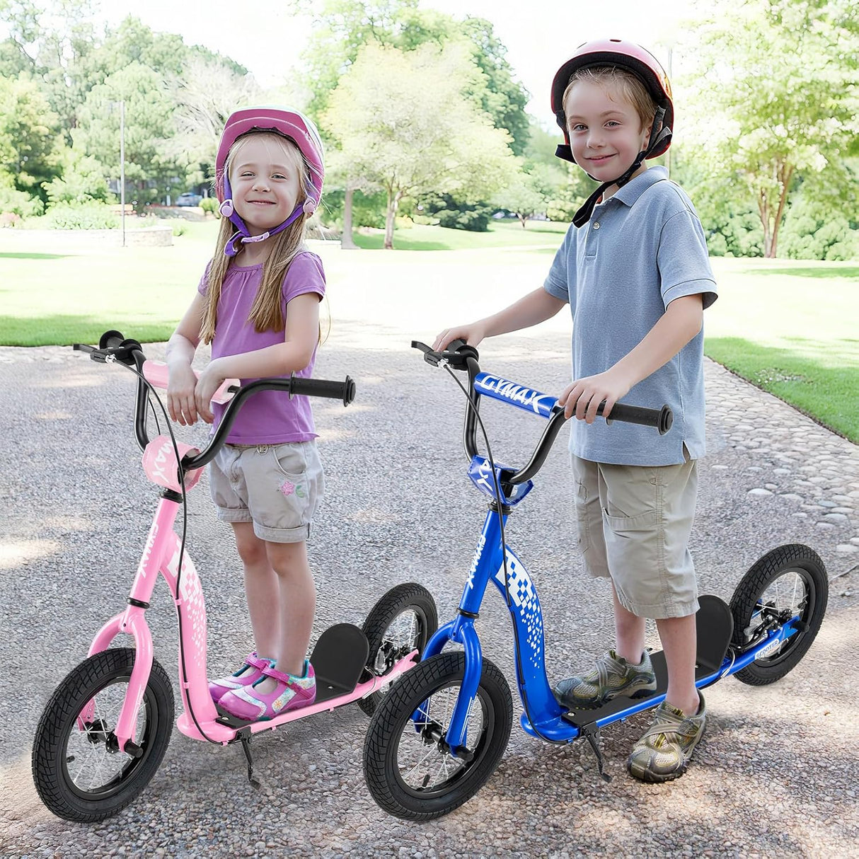 Kids Scooter Youth Kick Scooter with Adjustable Height Handlebar 12-Inch Inflatable Wheels-Pink