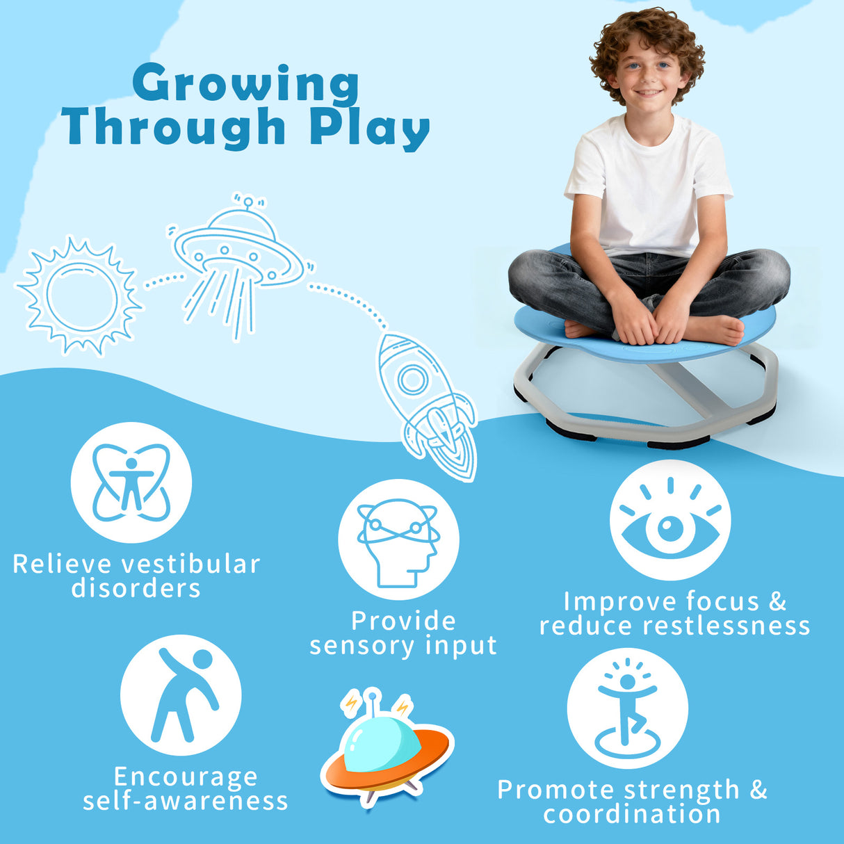 Kids Sensory Swivel Chair Elephant 360° Spinning Chair with Non-Slip Metal Base-Light Blue