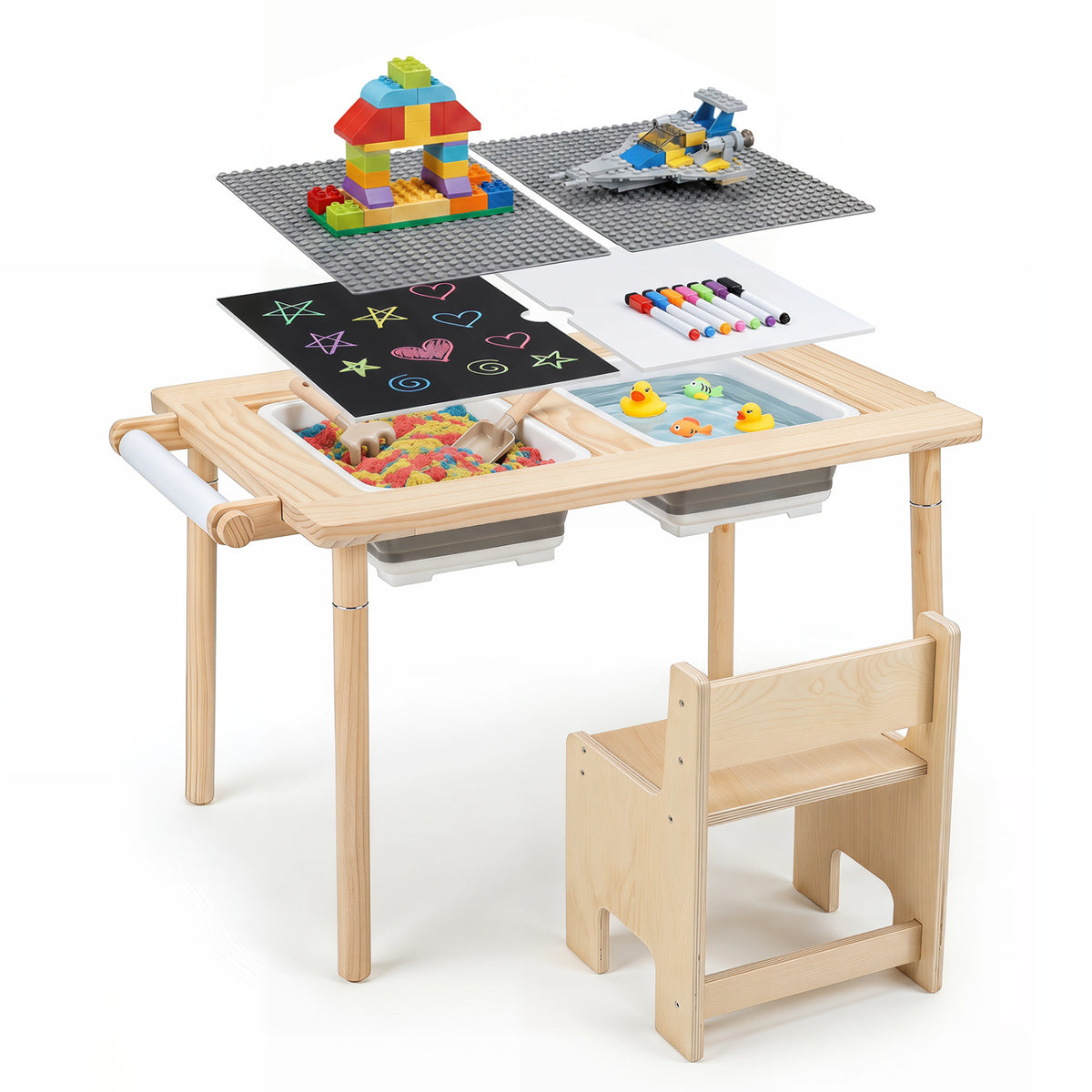 Kids Sensory Table Set with Adjustable Height and 2 Storage Bins-Natural