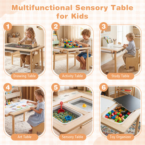 Kids Sensory Table Set with Adjustable Height and 2 Storage Bins-Natural