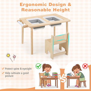 Kids Sensory Table Set with Adjustable Height and 2 Storage Bins-Natural