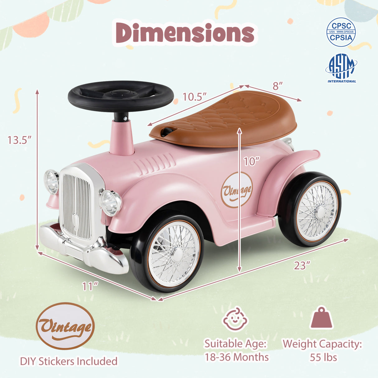 Kids Sit to Stand Vehicle with Working Steering Wheel and Under Seat Storage-Pink