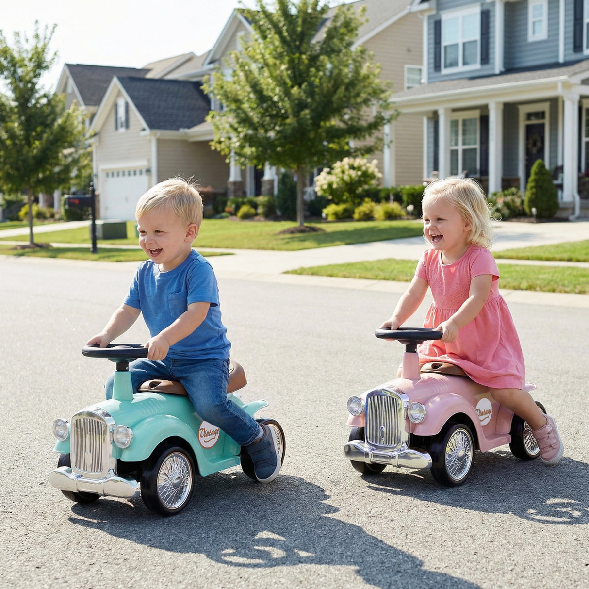 Kids Sit to Stand Vehicle with Working Steering Wheel and Under Seat Storage-Pink