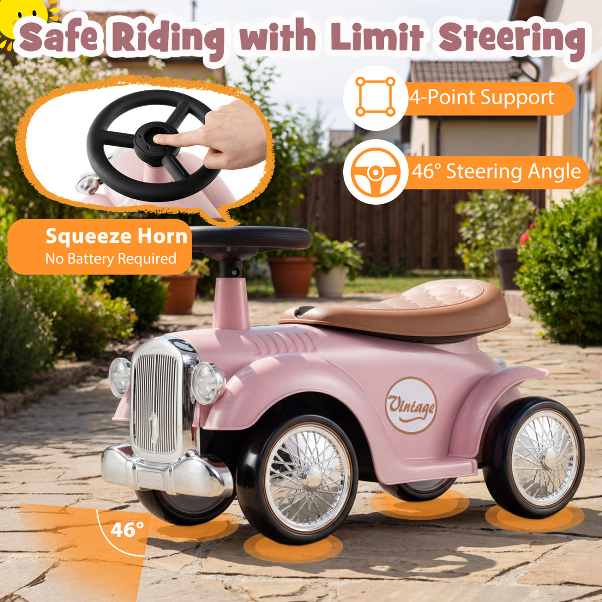 Kids Sit to Stand Vehicle with Working Steering Wheel and Under Seat Storage-Pink
