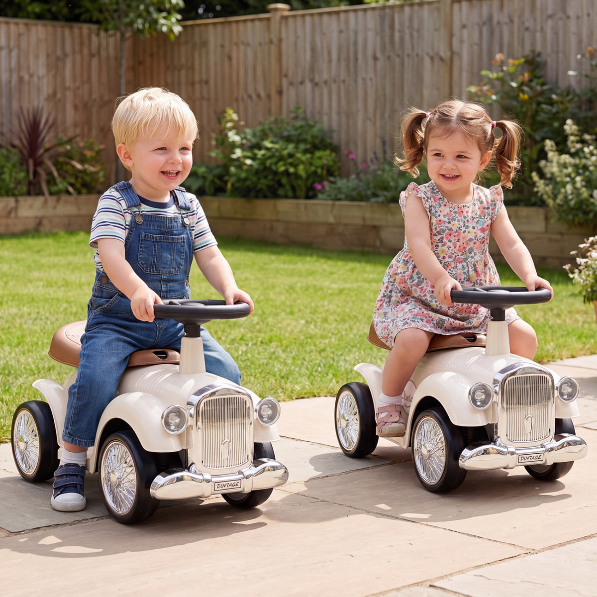 Kids Sit to Stand Vehicle with Working Steering Wheel and Under Seat Storage-White