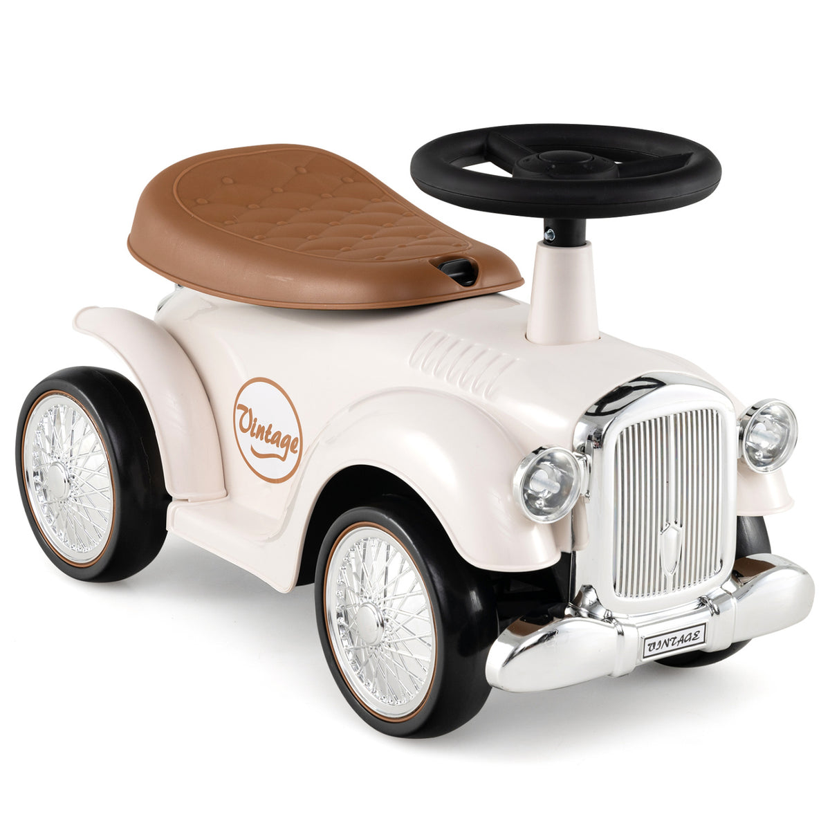 Kids Sit to Stand Vehicle with Working Steering Wheel and Under Seat Storage-White