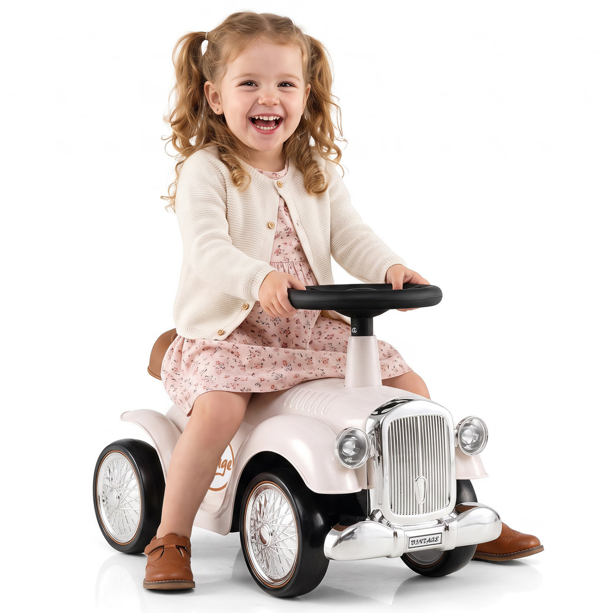Kids Sit to Stand Vehicle with Working Steering Wheel and Under Seat Storage-White