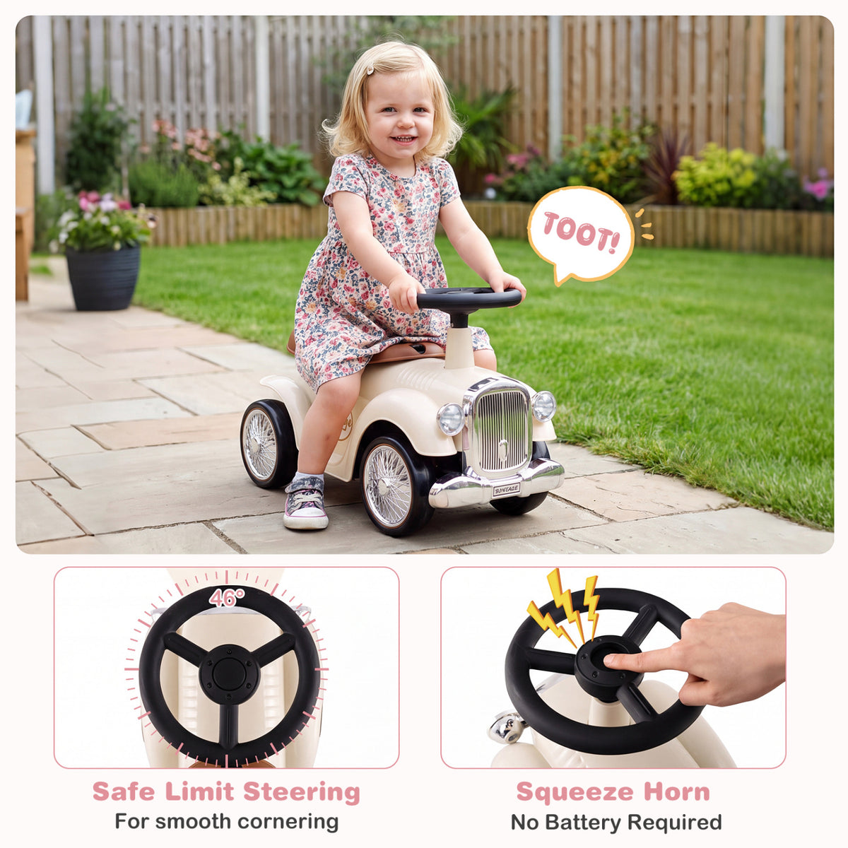 Kids Sit to Stand Vehicle with Working Steering Wheel and Under Seat Storage-White