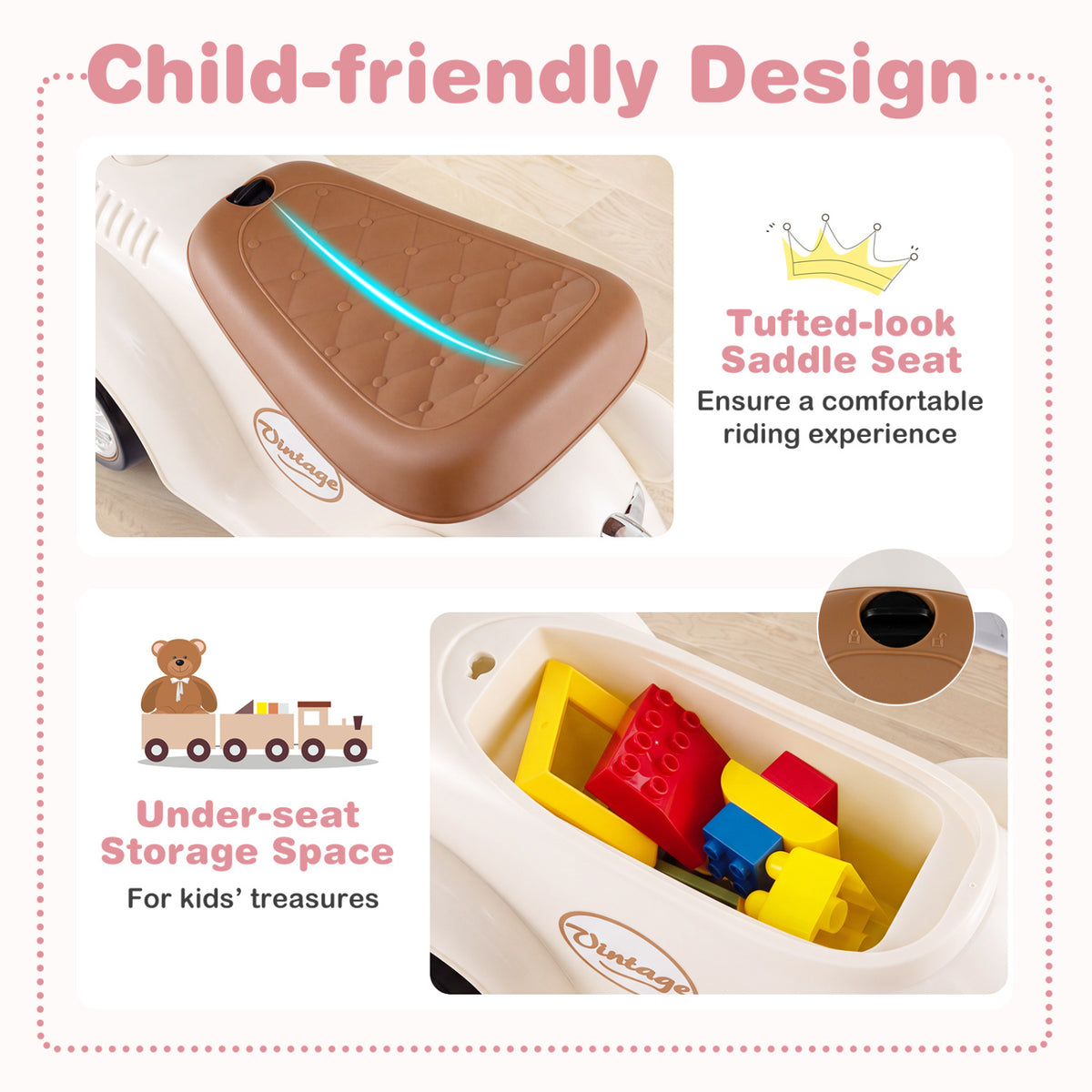 Kids Sit to Stand Vehicle with Working Steering Wheel and Under Seat Storage-White