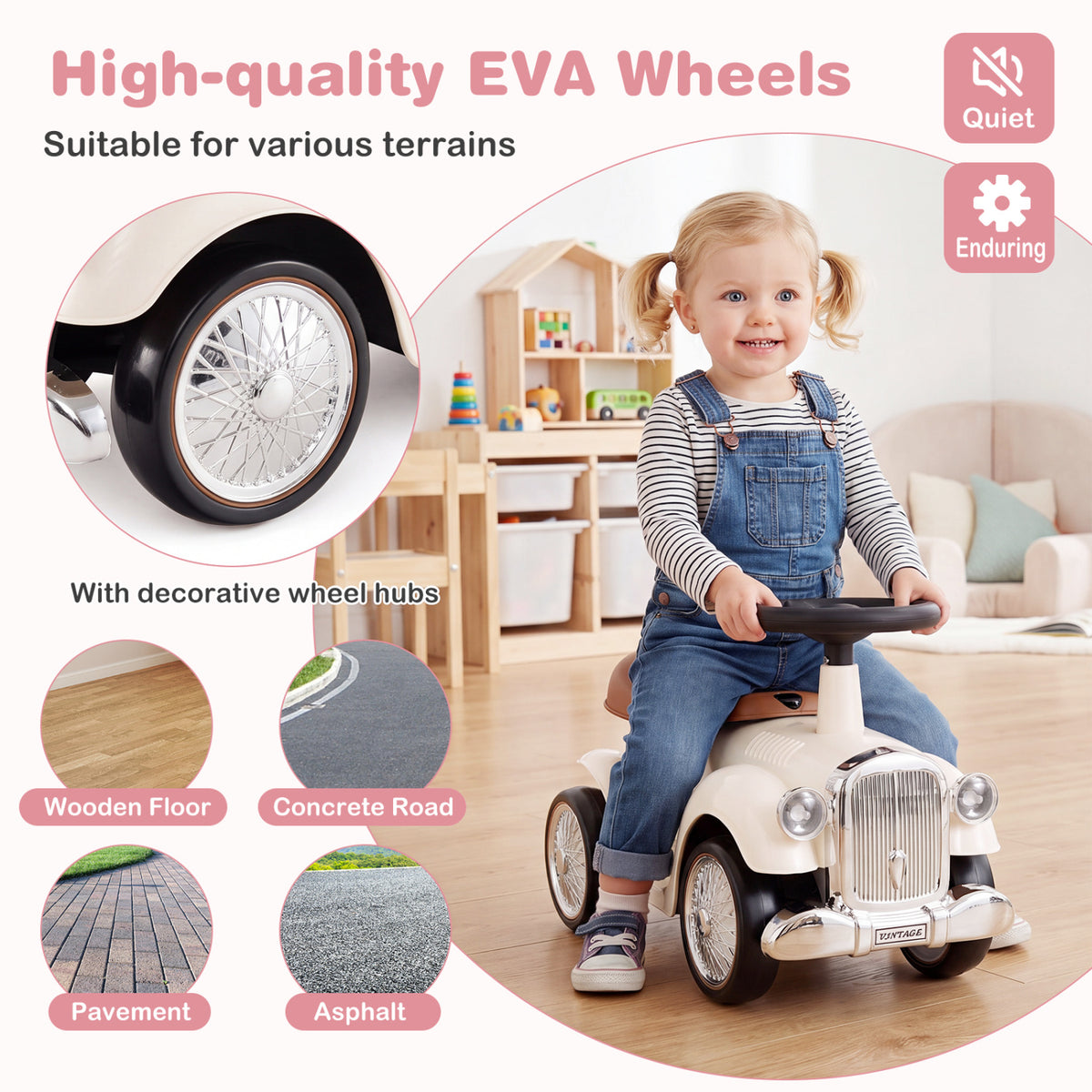 Kids Sit to Stand Vehicle with Working Steering Wheel and Under Seat Storage-White