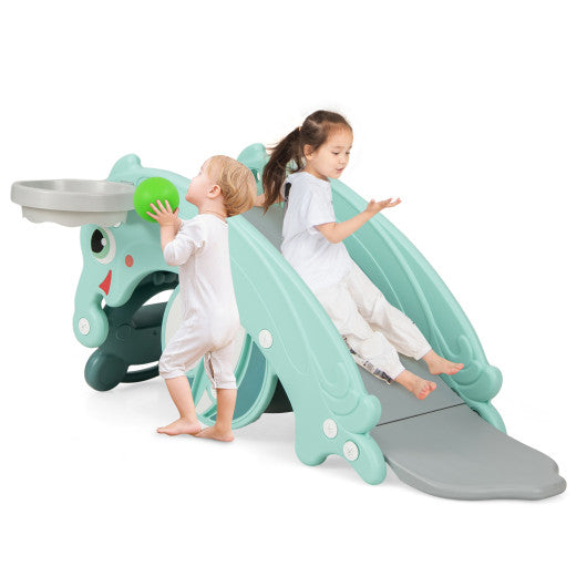 3-in-1 Kids Slide Rocking Horse Set Convertible Toddler Slide with Basketball Hoop-Green