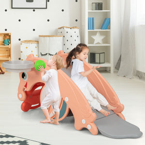 3-in-1 Kids Slide Rocking Horse Set Convertible Toddler Slide with Basketball Hoop-Pink