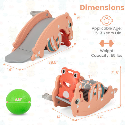 3-in-1 Kids Slide Rocking Horse Set Convertible Toddler Slide with Basketball Hoop-Pink