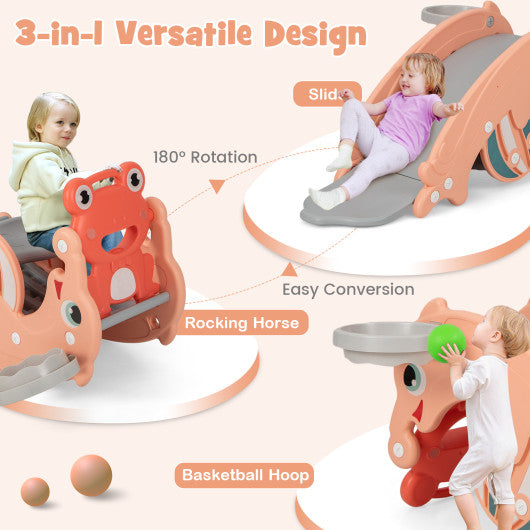 3-in-1 Kids Slide Rocking Horse Set Convertible Toddler Slide with Basketball Hoop-Pink