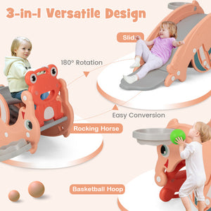 3-in-1 Kids Slide Rocking Horse Set Convertible Toddler Slide with Basketball Hoop-Pink