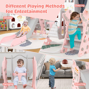 4-in-1 Kids Slide and Swing Set with Basketball Hoop-Pink