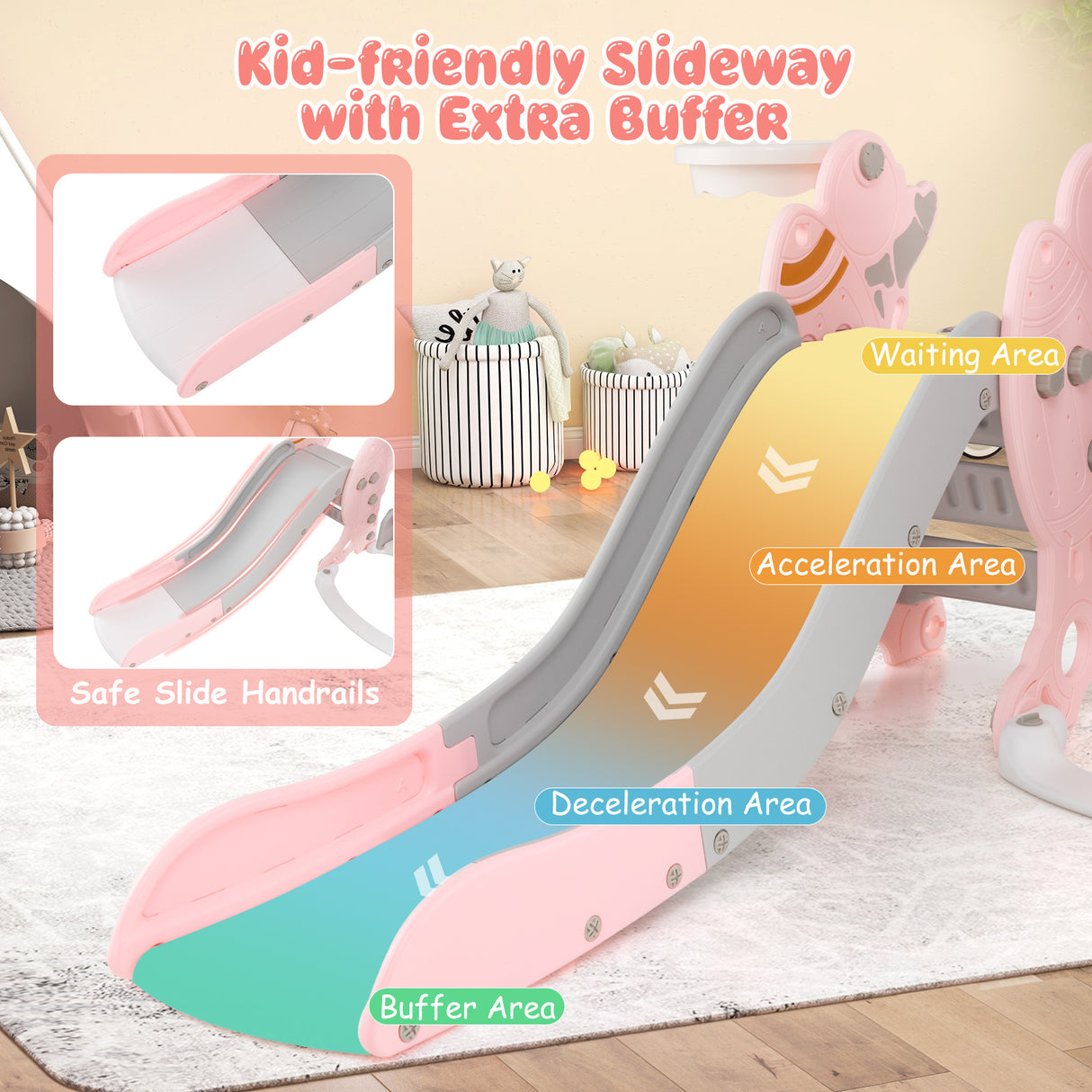 4-in-1 Kids Slide and Swing Set with Basketball Hoop-Pink