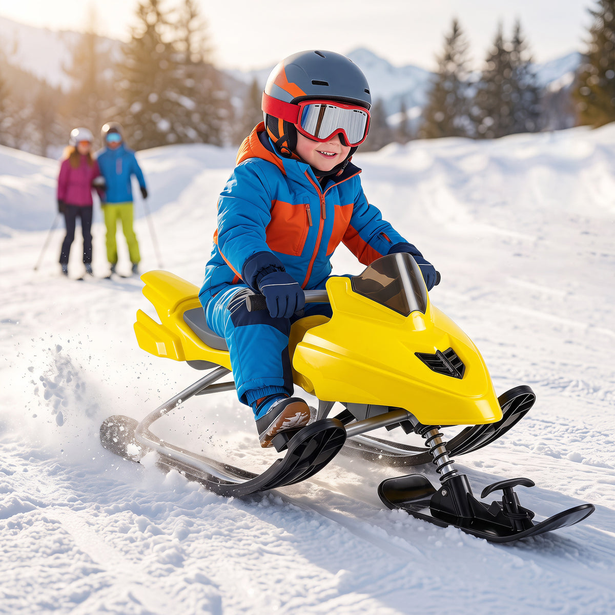 Kids Snow Racer Sled with Brakes & Tow Ropes and Steering Handle for Winter-Yellow
