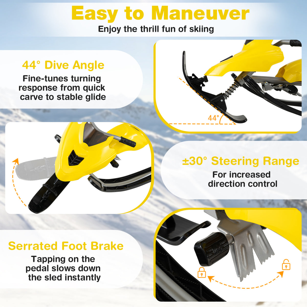 Kids Snow Racer Sled with Brakes & Tow Ropes and Steering Handle for Winter-Yellow