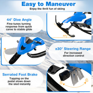 Kids Snow Racer Sled with Brakes & Tow Ropes and Steering Handle for Winter-Blue