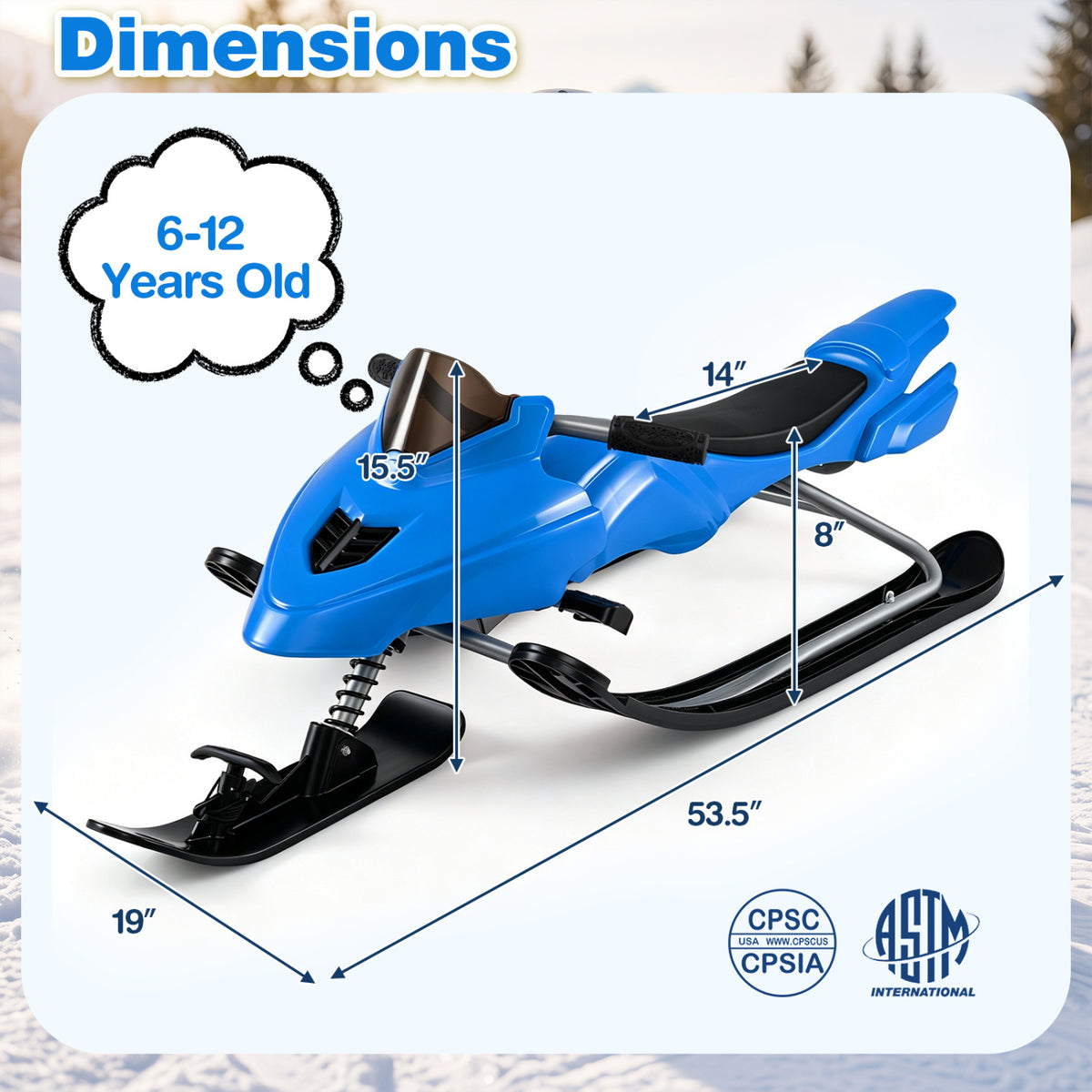 Kids Snow Racer Sled with Brakes & Tow Ropes and Steering Handle for Winter-Blue