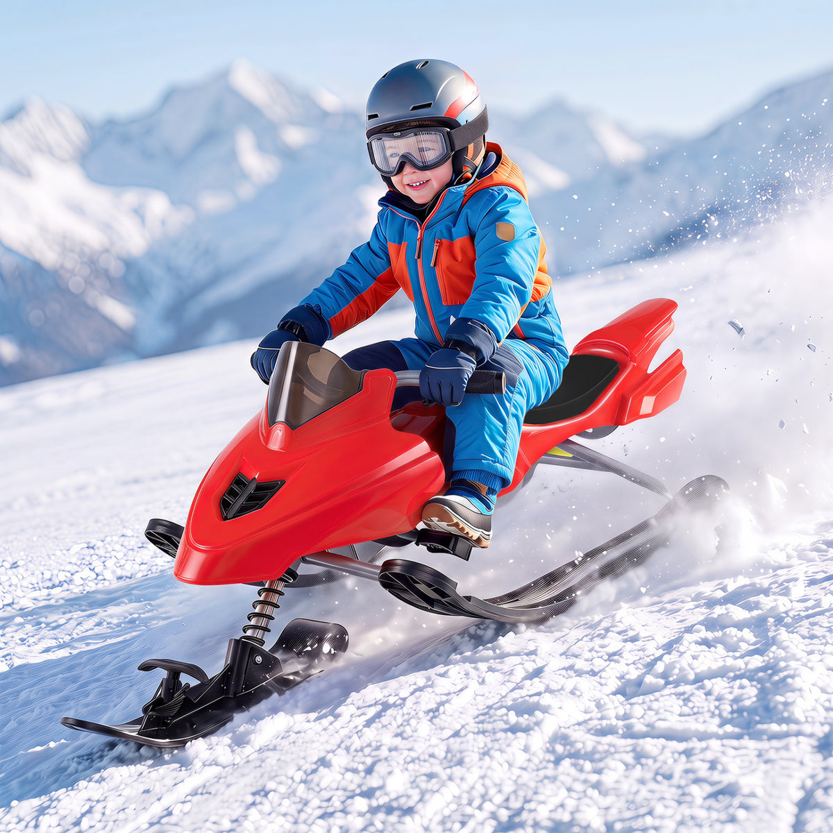 Kids Snow Racer Sled with Brakes & Tow Ropes and Steering Handle for Winter-Red
