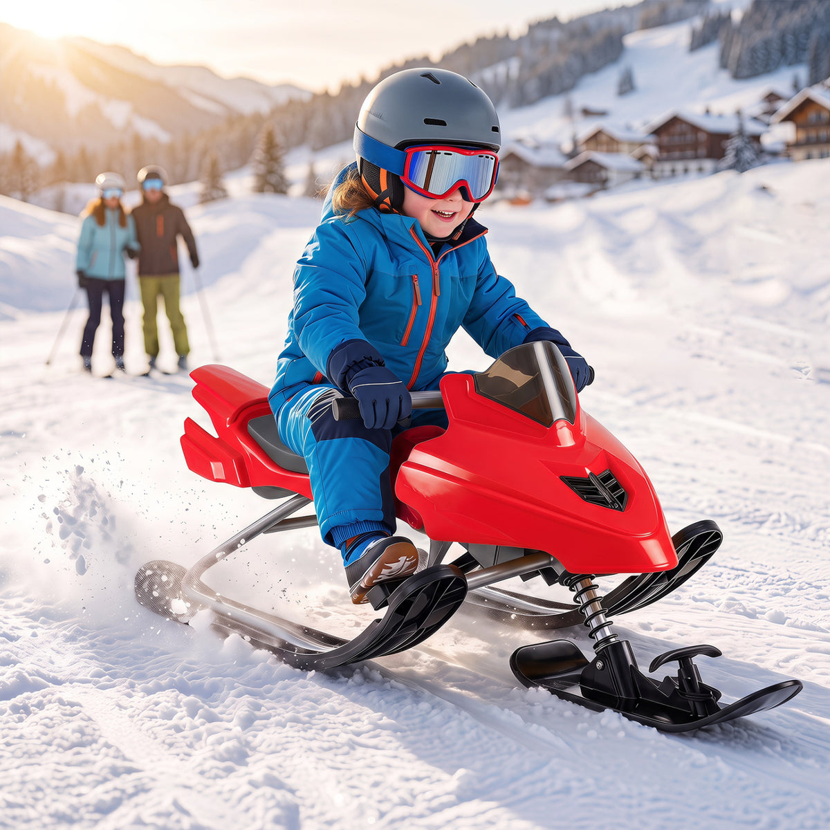 Kids Snow Racer Sled with Brakes & Tow Ropes and Steering Handle for Winter-Red