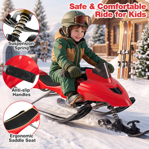 Kids Snow Racer Sled with Brakes & Tow Ropes and Steering Handle for Winter-Red