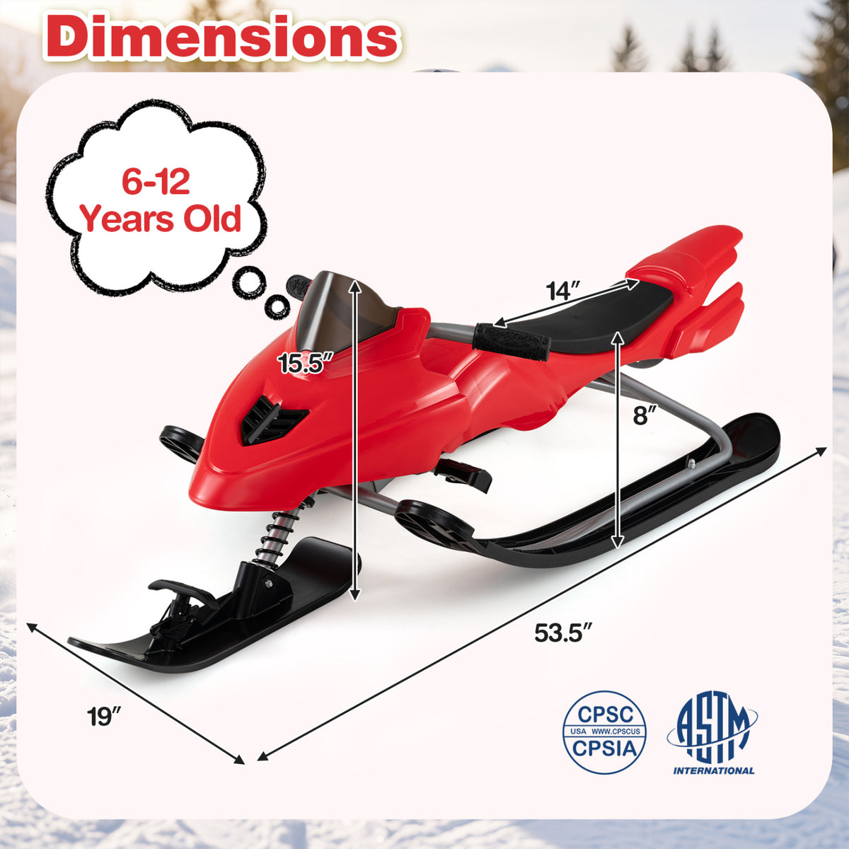 Kids Snow Racer Sled with Brakes & Tow Ropes and Steering Handle for Winter-Red