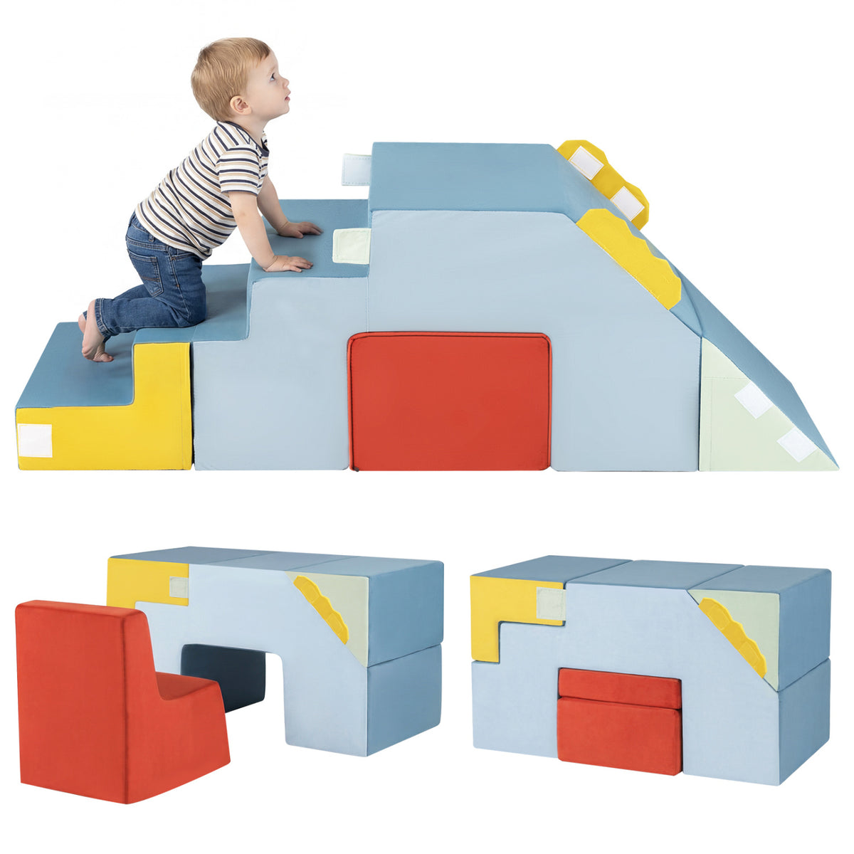 Kids Soft Foam Blocks with Velvet Covers Convertible Table and Chair Set-Blue