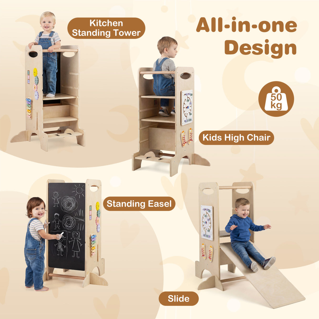 Kids Standing Tower with Detachable Chalkboard and Montessori Games for 3+ Years Old