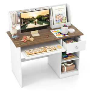 Kids Study Desk Children Writing Table with Drawer Shelves and Keyboard Tray-Natural