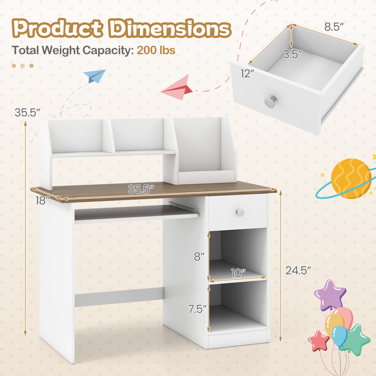 Kids Study Desk Children Writing Table with Drawer Shelves and Keyboard Tray-Natural