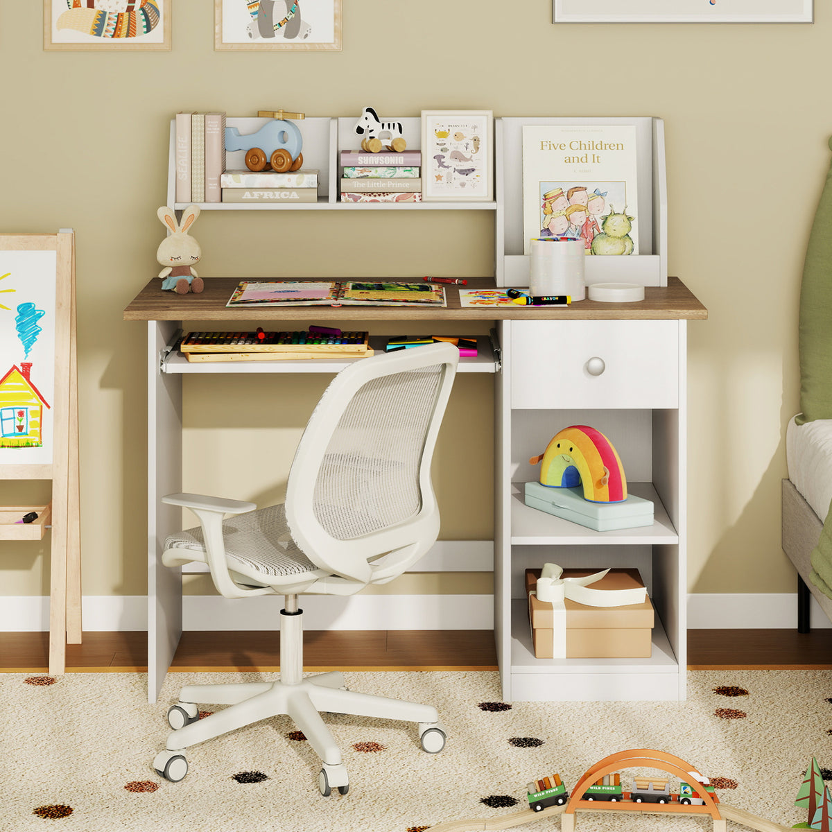 Kids Study Desk Children Writing Table with Drawer Shelves and Keyboard Tray-Natural