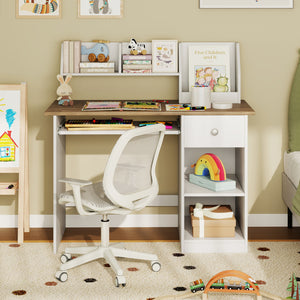 Kids Study Desk Children Writing Table with Drawer Shelves and Keyboard Tray-Natural