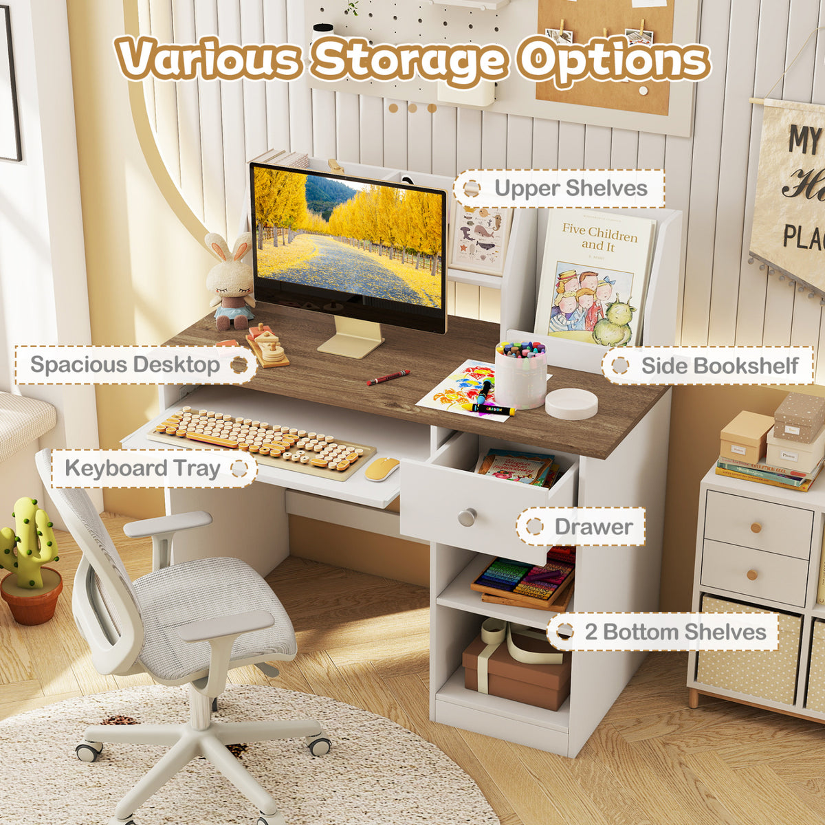 Kids Study Desk Children Writing Table with Drawer Shelves and Keyboard Tray-Natural