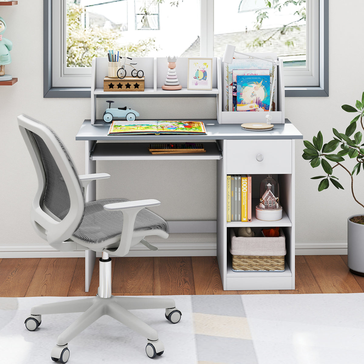 Kids Study Desk Children Writing Table with Hutch Drawer Shelves and Keyboard Tray-Gray