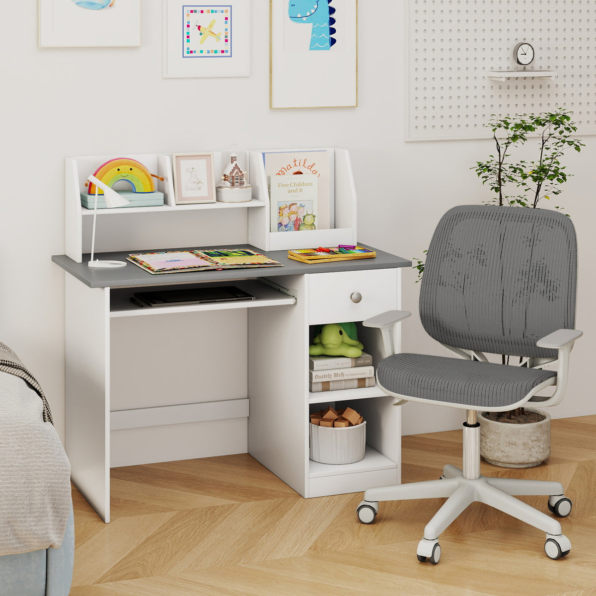 Kids Study Desk Children Writing Table with Hutch Drawer Shelves and Keyboard Tray-Gray