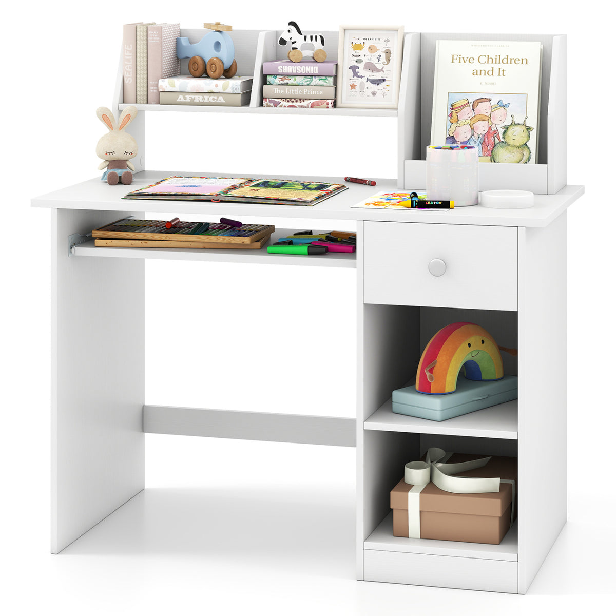 Kids Study Desk Children Writing Table with Hutch Drawer Shelves and Keyboard Tray-White