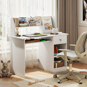 Kids Study Desk Children Writing Table with Hutch Drawer Shelves and Keyboard Tray-White