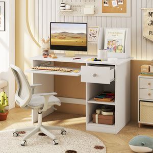 Kids Study Desk Children Writing Table with Hutch Drawer Shelves and Keyboard Tray-White