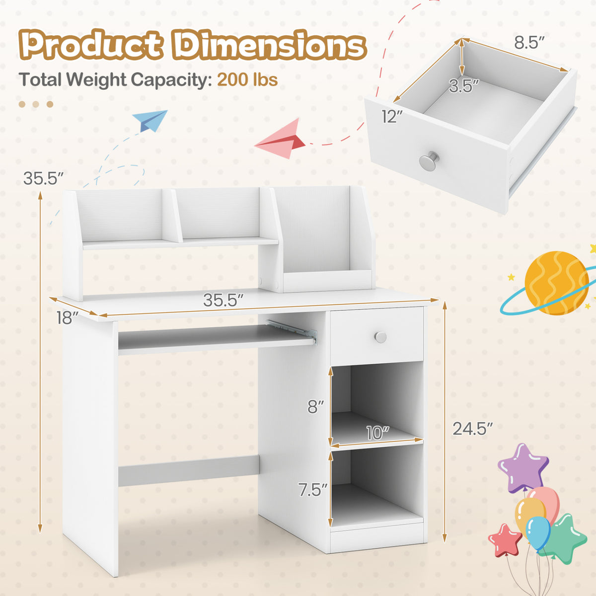 Kids Study Desk Children Writing Table with Hutch Drawer Shelves and Keyboard Tray-White